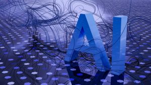 AI technology with interconnected data streams and digital network background, representing advanced artificial intelligence systems for small business automation and innovation.