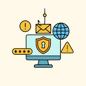 Illustration of cybersecurity, data protection, encryption, and online safety icons representing ELIME Technology's focus on secure technology solutions.